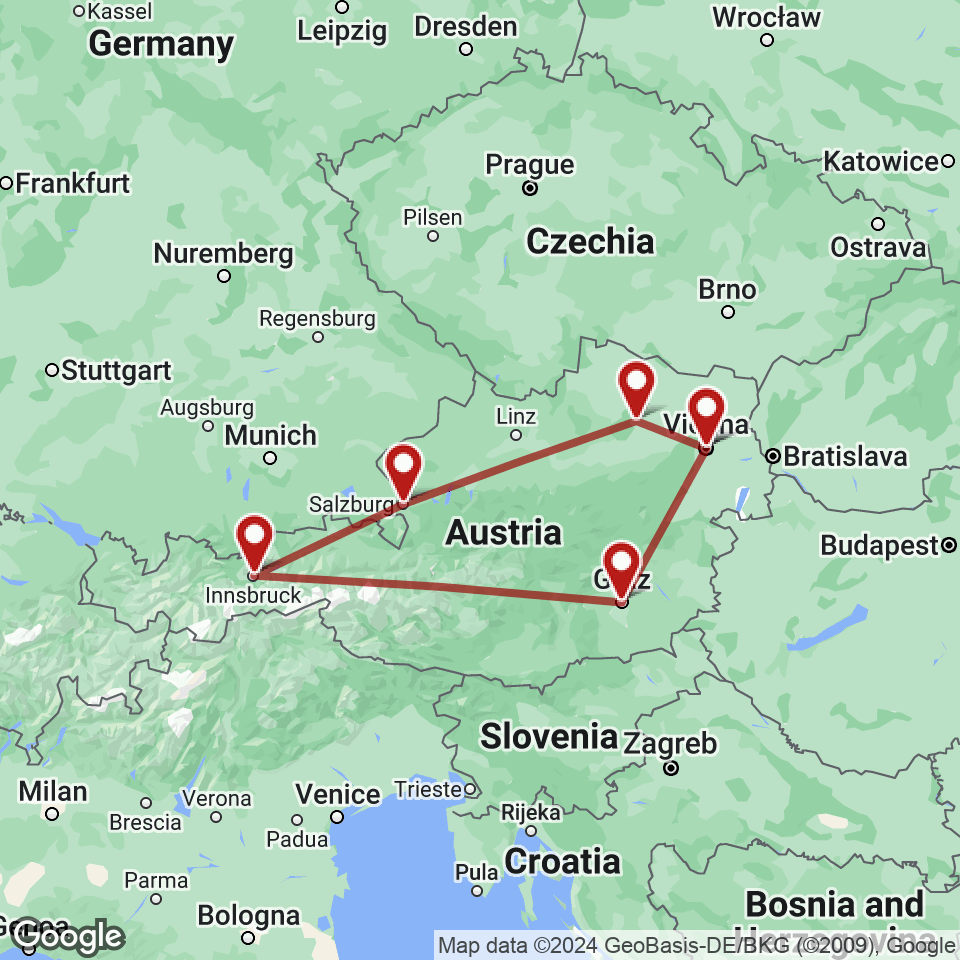 Route for Vienna, Krems, Salzburg, Innsbruck, Graz, Vienna tour